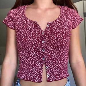 Red Floral Ruffled Short Sleeve Top